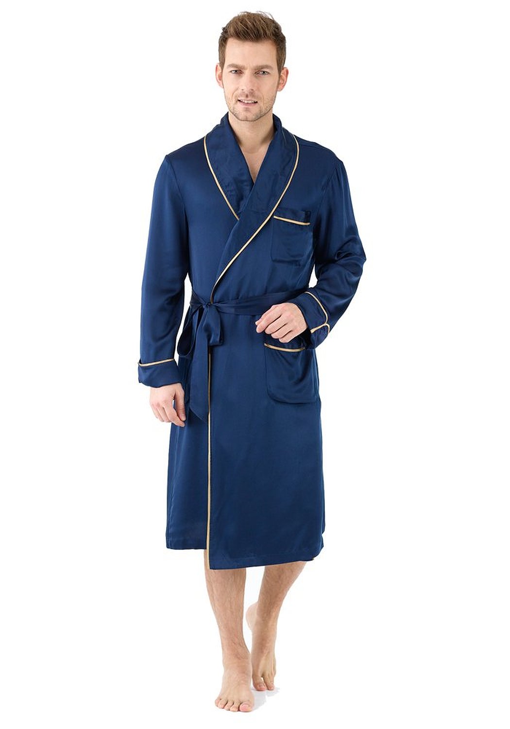 Narasilk Men's 100% Satin Silk, Contra Trim Manly Robe, Lounge Sleepwear